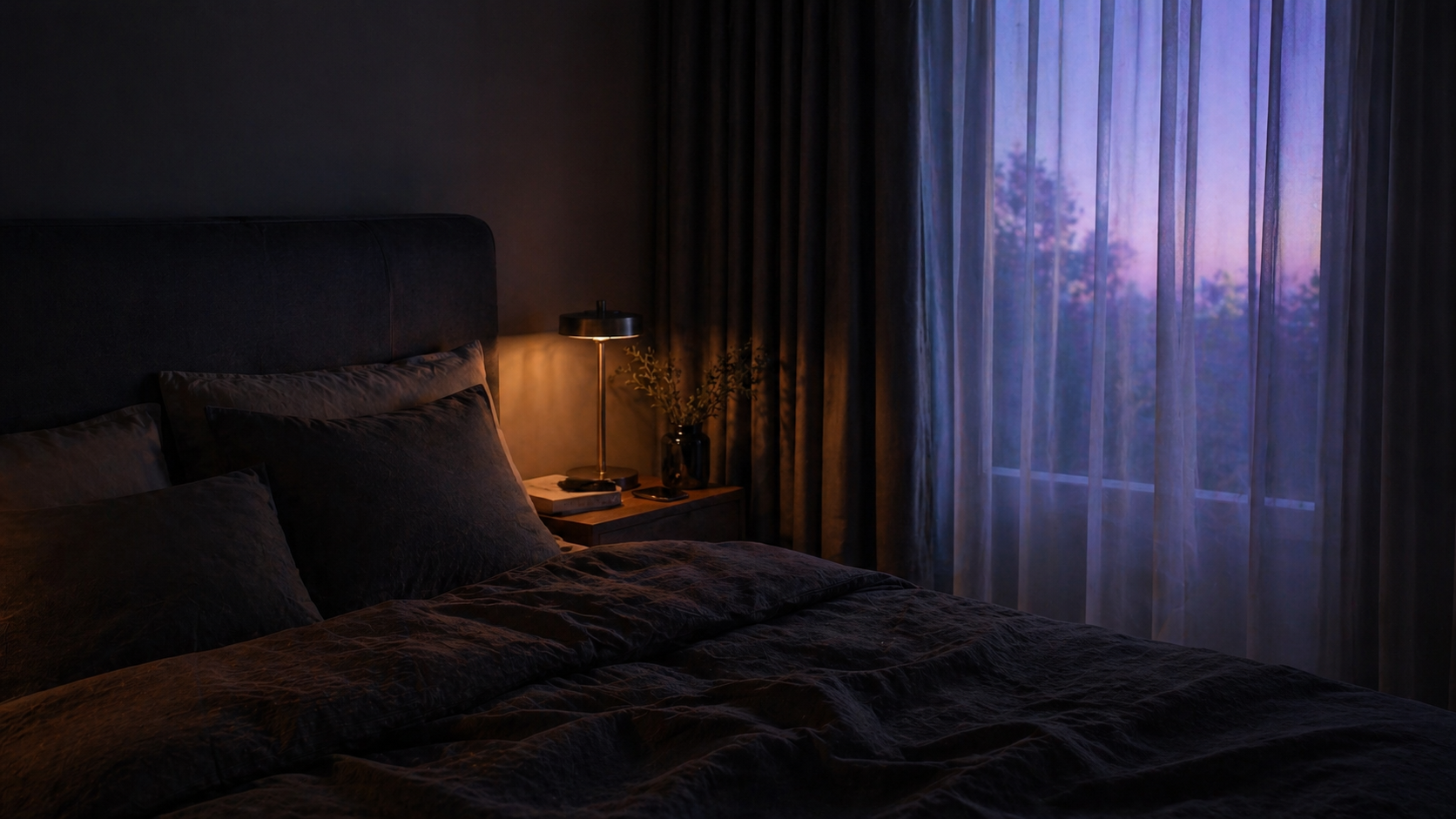 Quarto noturno minimalista com cama preparada e luz violeta suave.