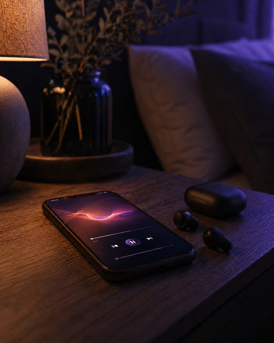 Telemovel e auscultadores numa mesa de cabeceira em ambiente noturno.