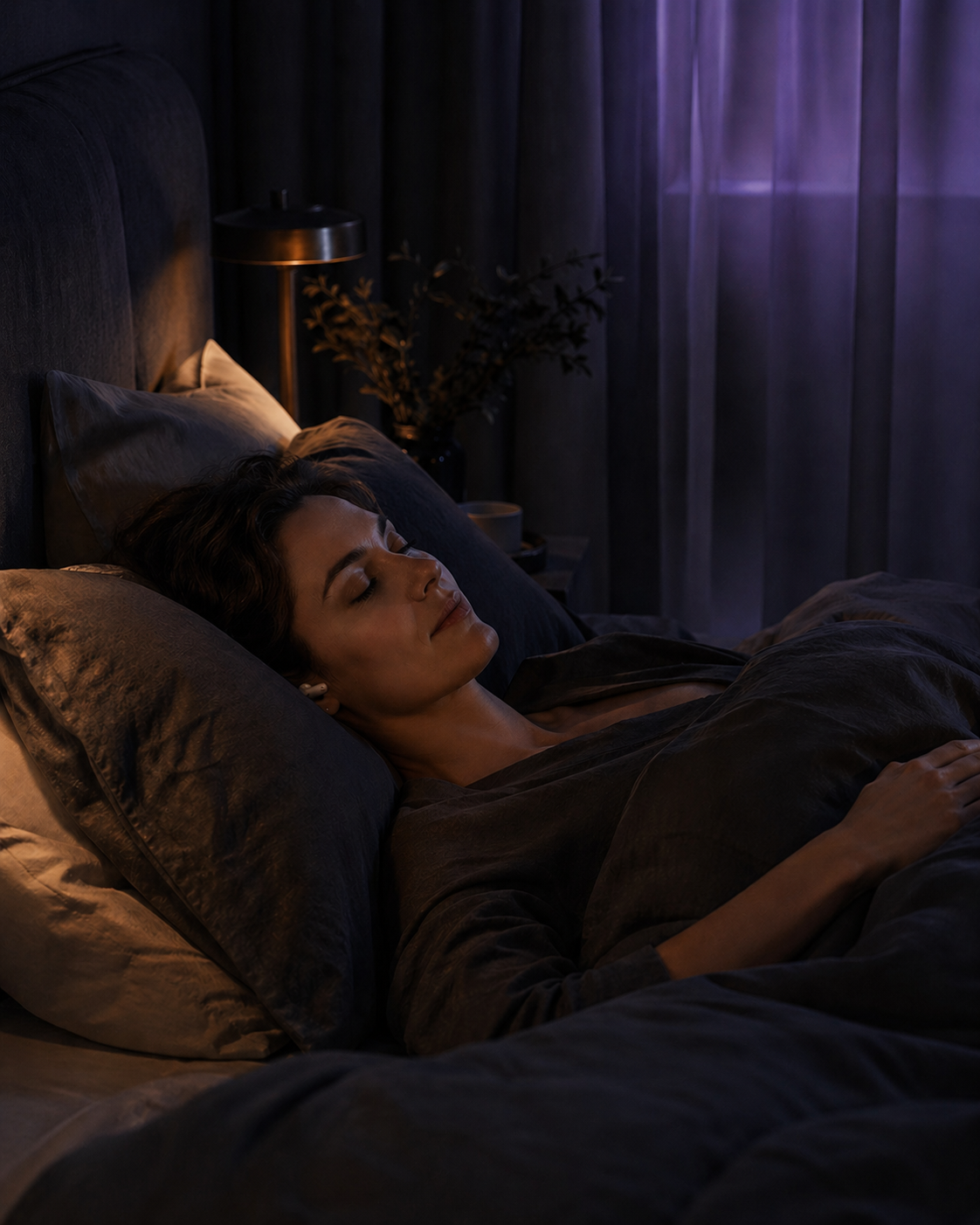 Pessoa em repouso numa cama, com auscultador discreto, num quarto noturno com luz violeta suave.